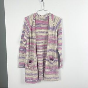 Lucky Brand Knit Stripe Cardigan Open Front Pink Purple Acrylic Size M